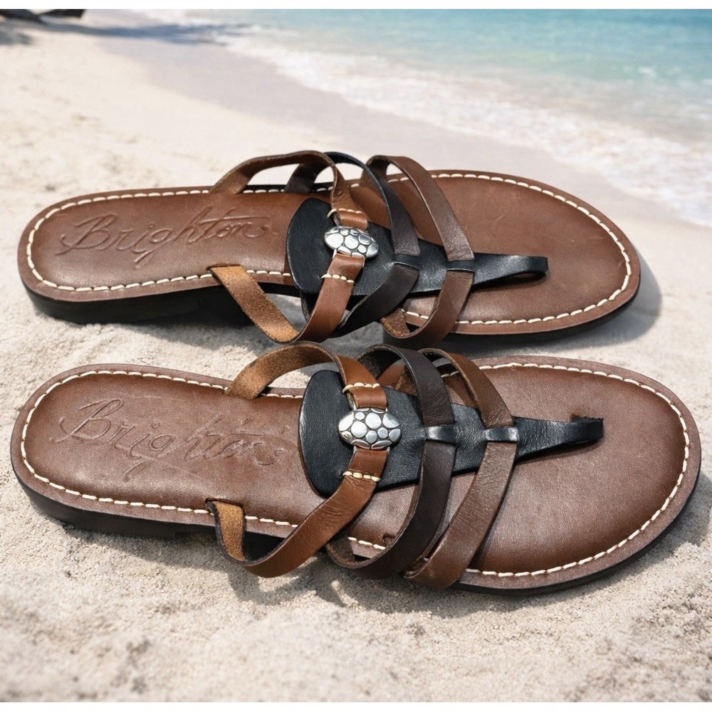 Brighton Women's Athena Black Brown  Leather Thong Sandals Silver Accent Sz 10M
